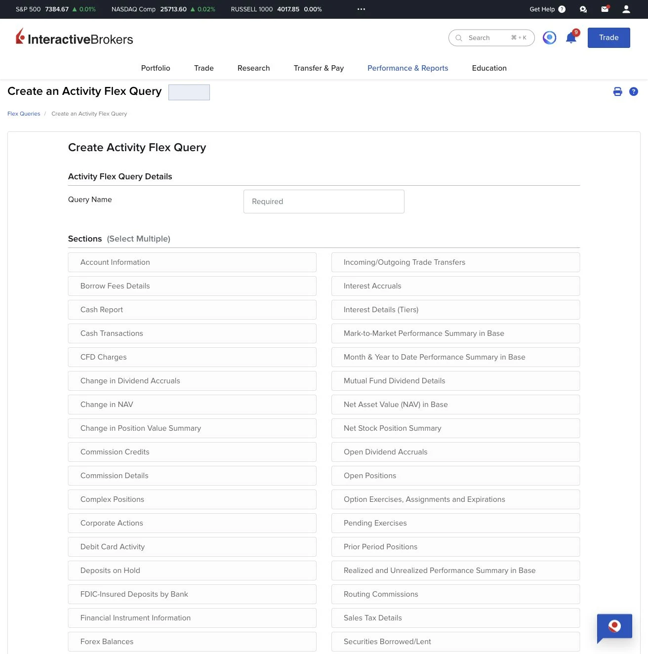 Activity Flex Query create button
