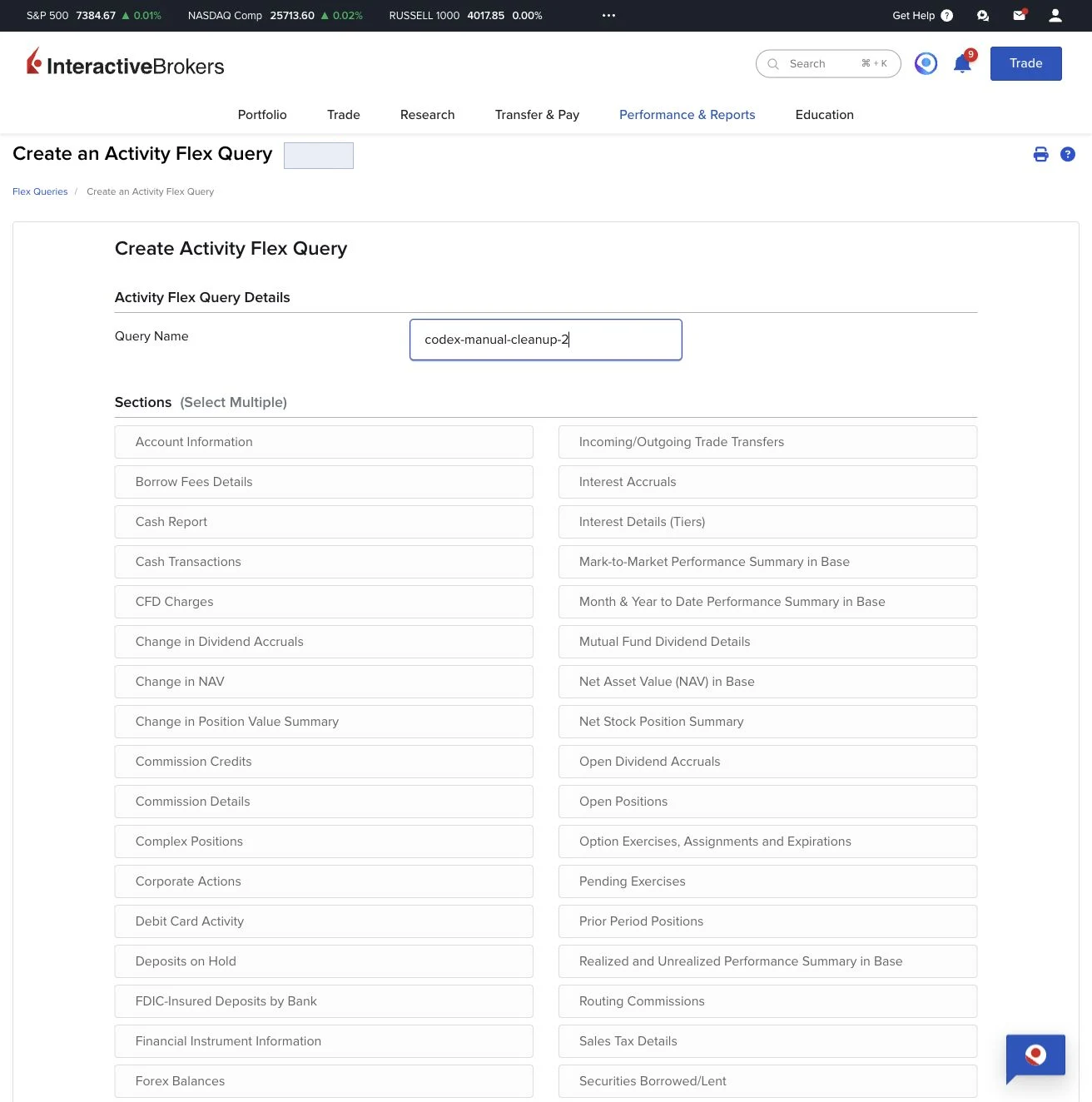 Create an Activity Flex Query form
