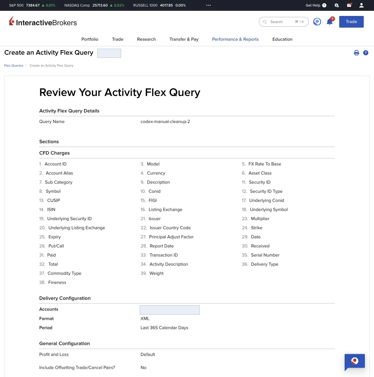 Review page before creating the Flex Query