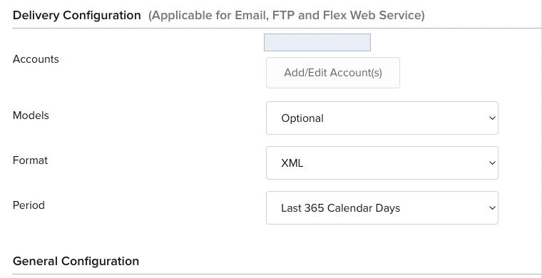 Delivery Configuration controls showing accounts, models, XML format, and Last 365 Calendar Days